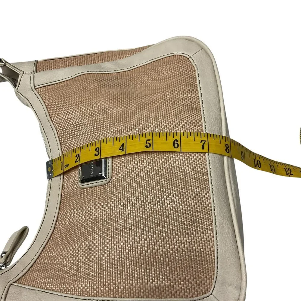 Franco Sarto Beige Textured Hobo Shoulder Bag w/ Front Zip Pocket Metal Logo‎